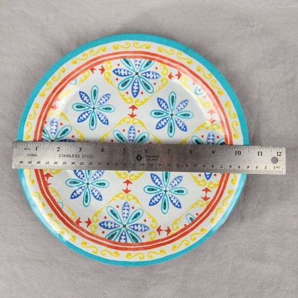 Melamine Dinner Plates 10.5" Medallion Floral Aqua Blue Yellow Orange Textured 4 - Picture 4 of 4